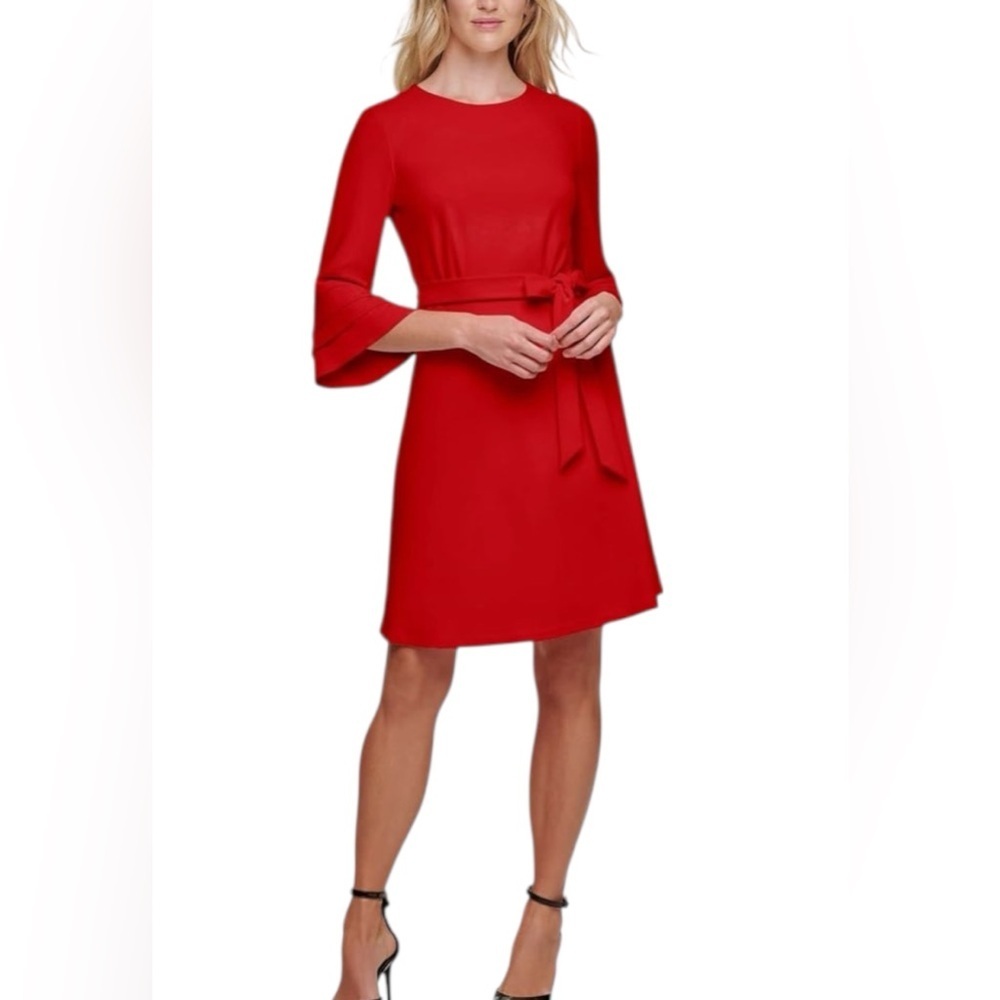 DKNY Red Belted A-Line Dress Bell Sleeve Crew Neck Size 8